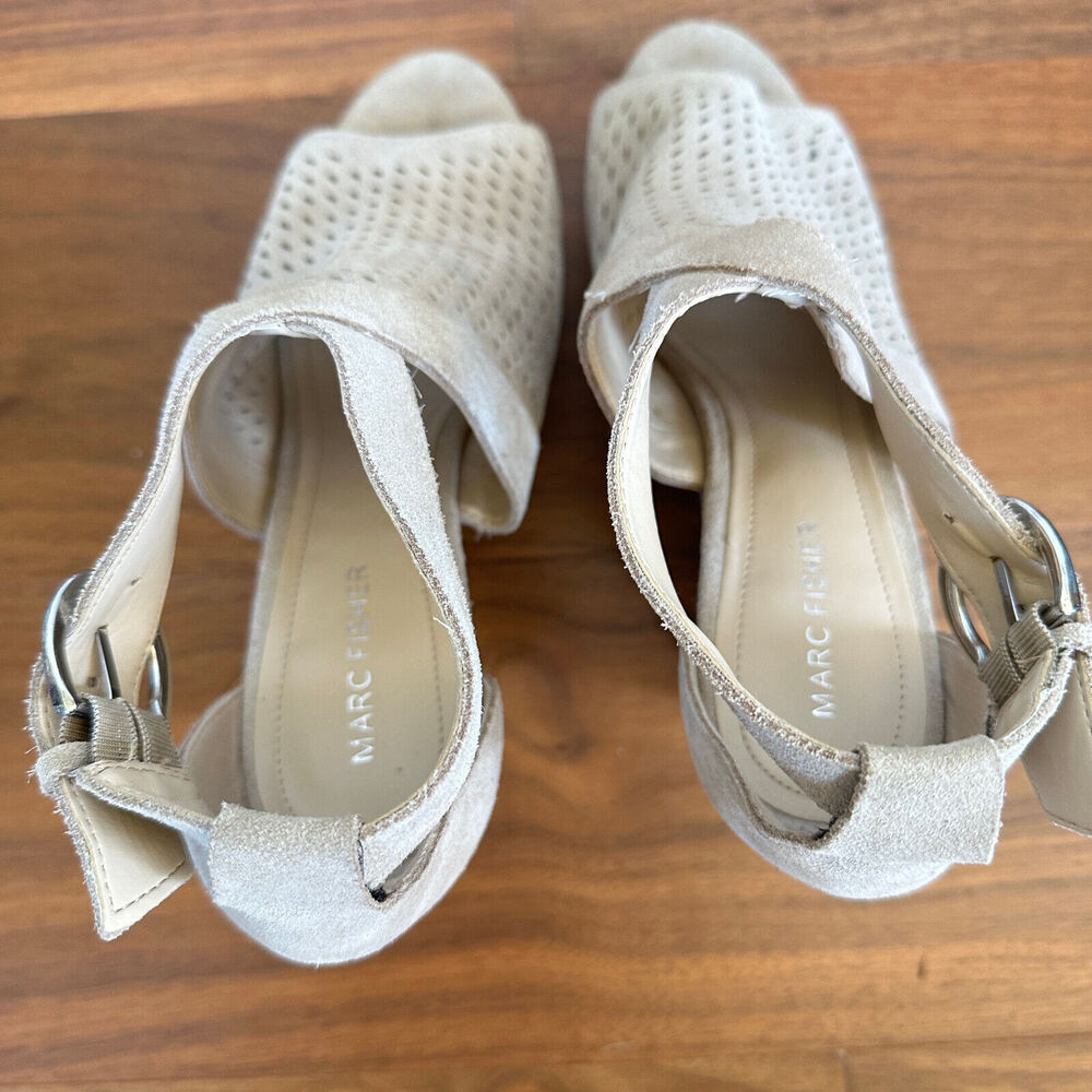 Marc Fisher HALDYA Suede Laser Wedge Platform Espadrille Sandals Size 9.5M Tan - Picture 12 of 15